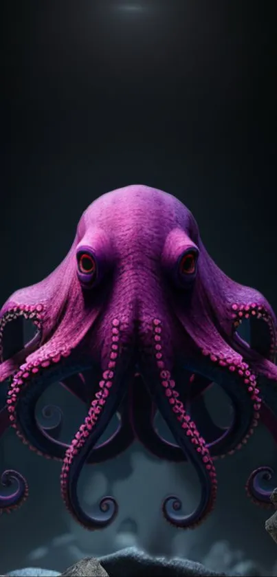 Vibrant pink octopus in dark ocean depths, a stunning marine wallpaper.