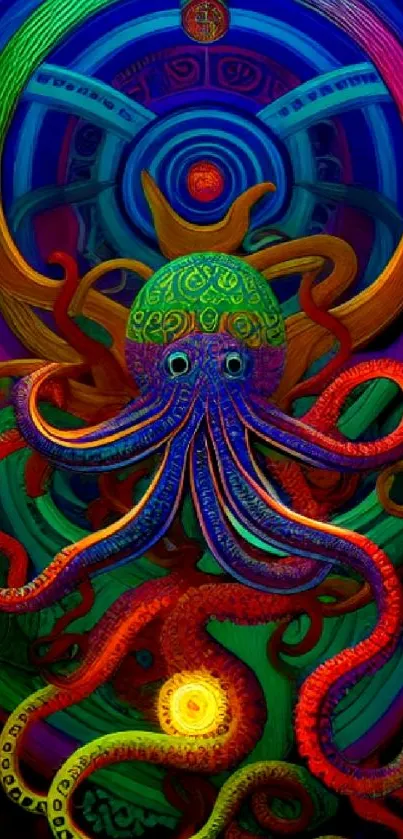 Vibrant psychedelic octopus digital art with colorful patterns.