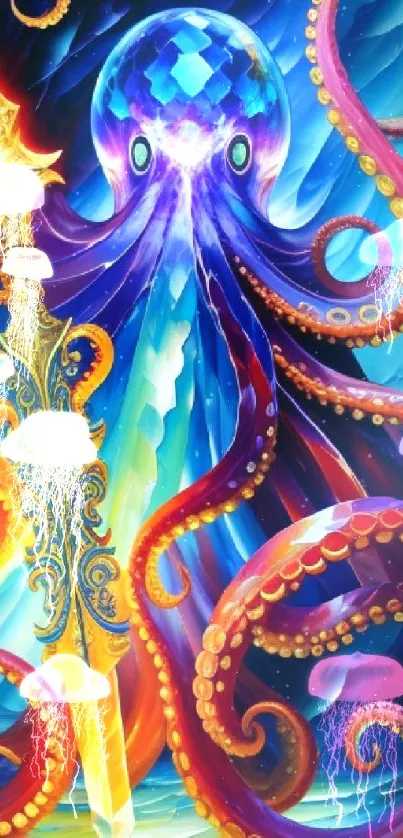 Vibrant octopus with a golden sword in a colorful fantasy wallpaper.