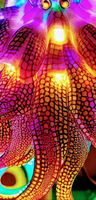 Colorful neon-lit octopus mobile wallpaper with vibrant glow.