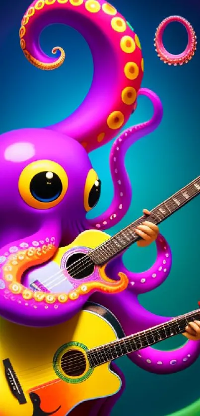 Colorful octopus playing guitars on a vibrant wallpaper.