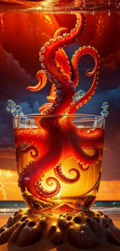 Vivid octopus art in glass against stormy sky.