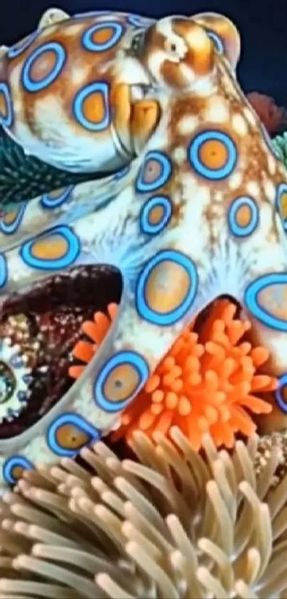 Blue-ringed octopus on vibrant coral reef.