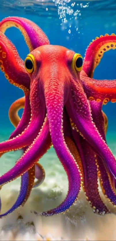 Vibrant octopus swimming in clear blue ocean water, bursting with color.