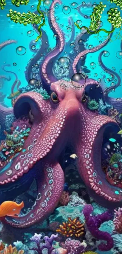 Vibrant octopus in a colorful coral reef underwater scene wallpaper.