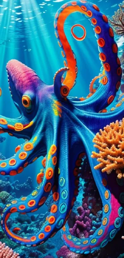 Colorful octopus swimming in a vibrant ocean scene.