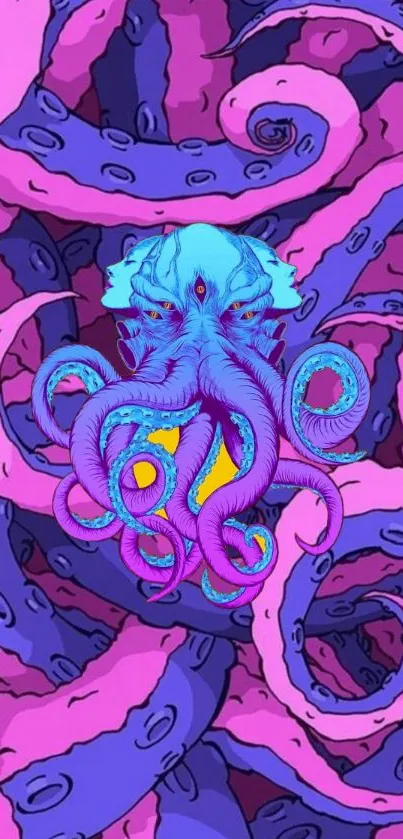 Vibrant pink and blue octopus tentacle wallpaper design.