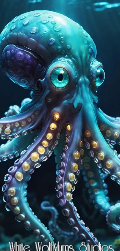 Vibrant cartoon octopus swimming underwater.
