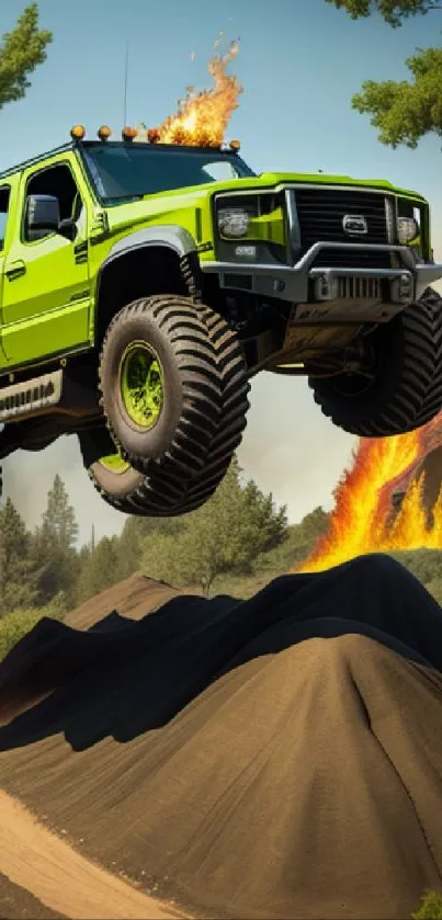 Vibrant green off-road truck jumping over rugged terrain.