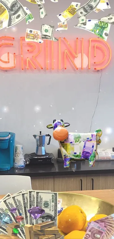 Neon-lit office with money-themed decor and colorful cow sculpture.