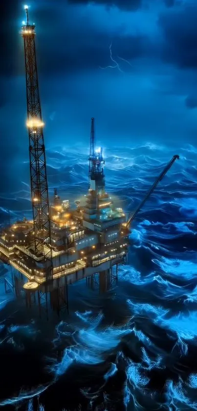 Oil platform illuminated at night with swirling ocean waves.
