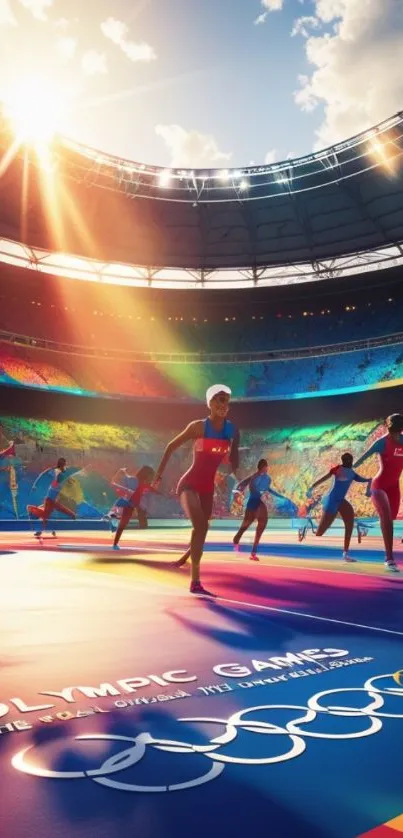 Athletes competing in a colorful Olympic stadium at sunset.