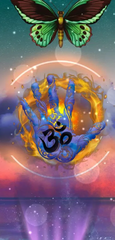 Colorful Om hand art with a butterfly and cosmic background on mobile wallpaper.