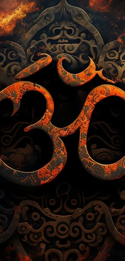 Fiery Om symbol with dark mandala background, perfect for mobile wallpaper.