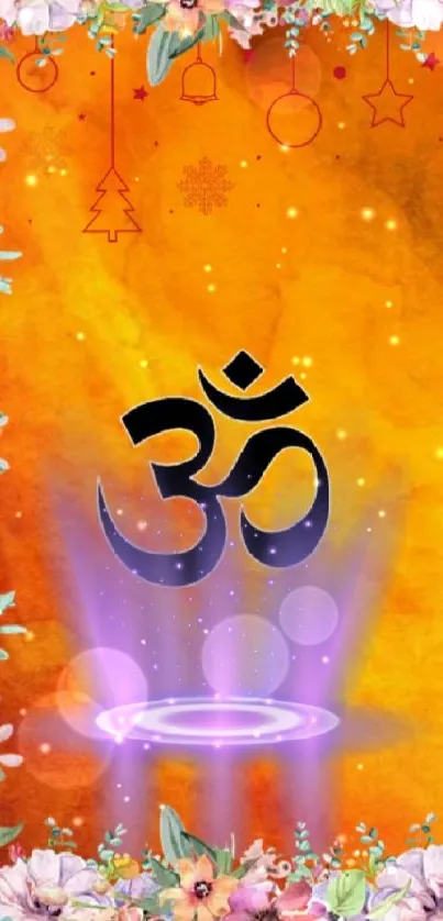 Orange Om symbol wallpaper with floral border and spiritual theme.