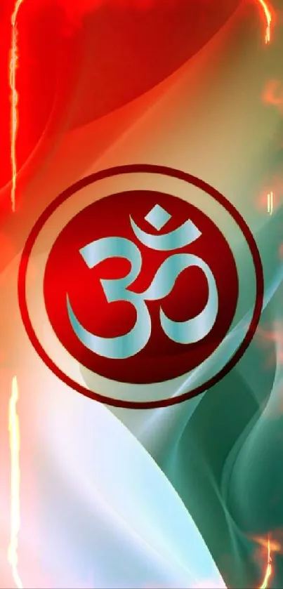 Vibrant Om symbol with red, white, and green background.