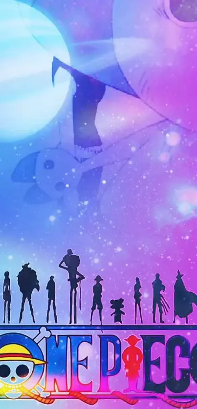 Vibrant One Piece mobile wallpaper with character silhouettes.