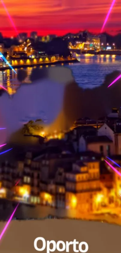 Vibrant Oporto cityscape at sunset with colorful light streaks reflecting over the river.