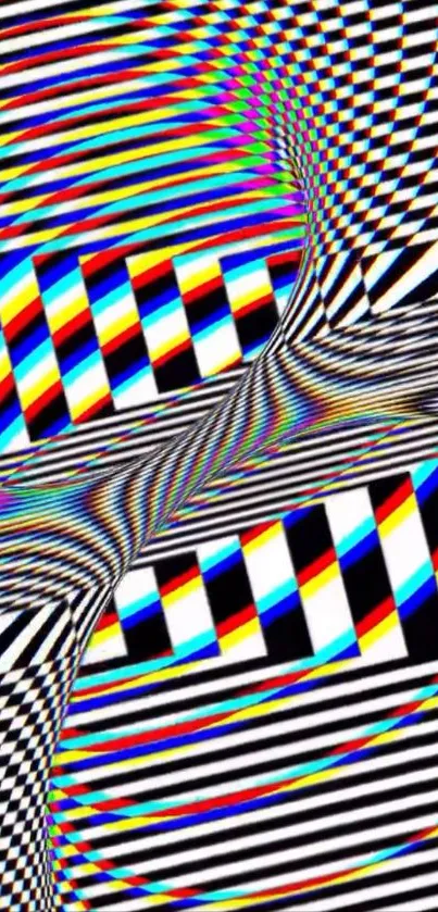 Colorful optical illusion wallpaper with vibrant stripes.