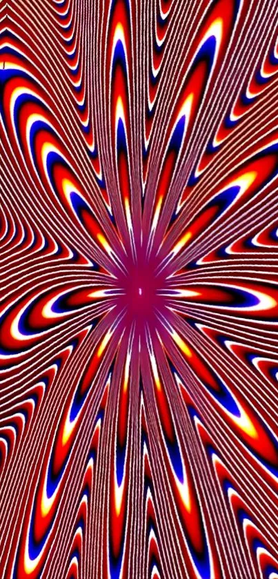Vibrant optical illusion with red, blue, and yellow patterns creating a dynamic design.