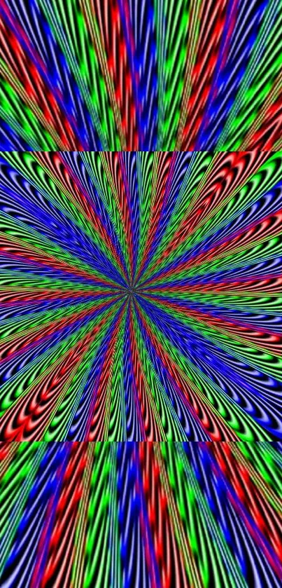 Vibrant mobile wallpaper with optical illusion pattern in red, green, and blue.