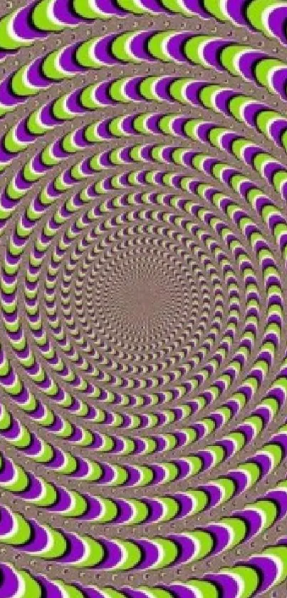 Optical illusion wallpaper with vibrant purple, green spirals.