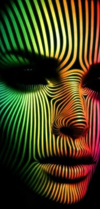 Vibrant optical illusion face wallpaper with colorful stripes.