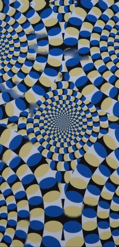 Vibrant optical illusion wallpaper with blue, yellow, and black concentric circles.