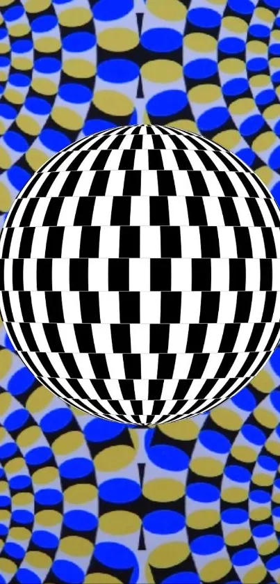 Optical illusion wallpaper with 3D sphere and vibrant patterns.