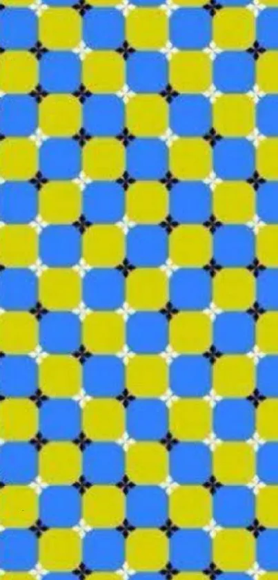 Optical illusion with blue and yellow checkerboard pattern.