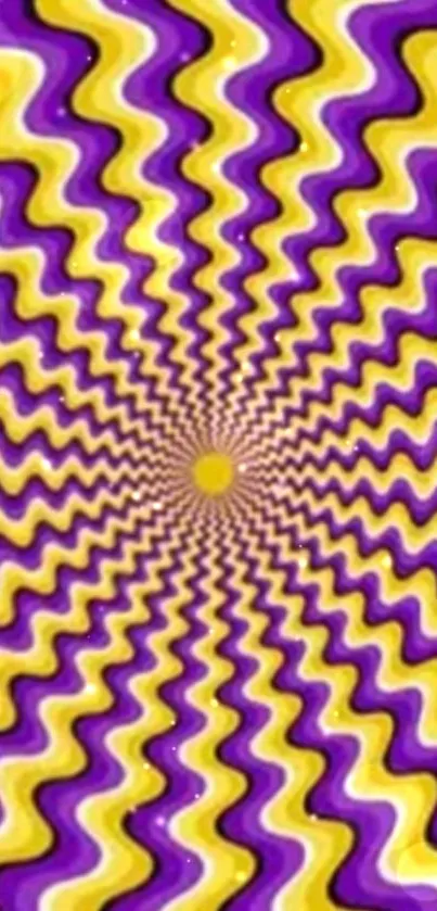 Vibrant yellow and purple optical illusion wallpaper with spiral pattern.