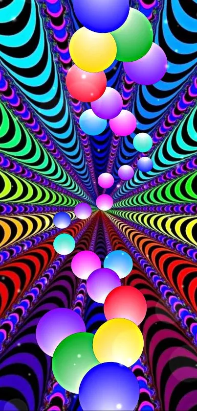 Colorful optical illusion wallpaper with vibrant tunnel and orbs.