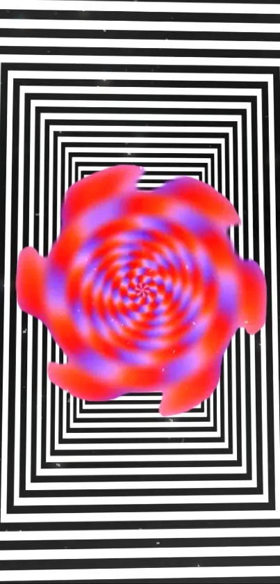 Red spiral illusion on black and white geometric background.