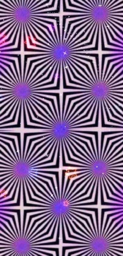 Vibrant geometric optical illusion wallpaper with purple hues.