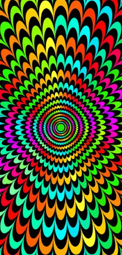 Colorful optical illusion with vibrant, hypnotic patterns in multicolor hues.