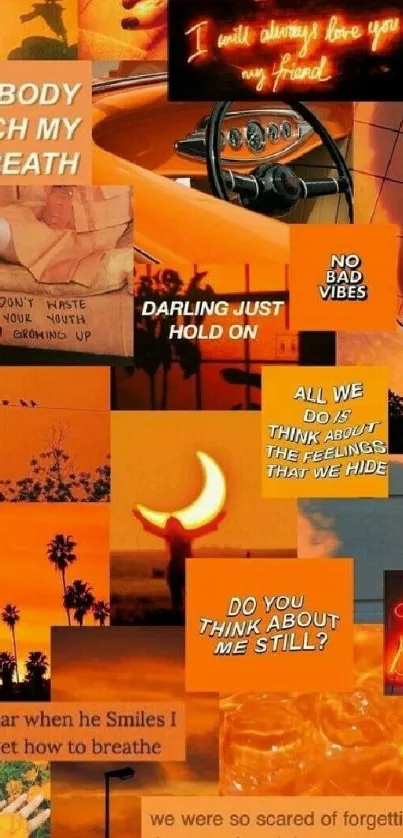 Orange aesthetic collage wallpaper with quotes and sunset.