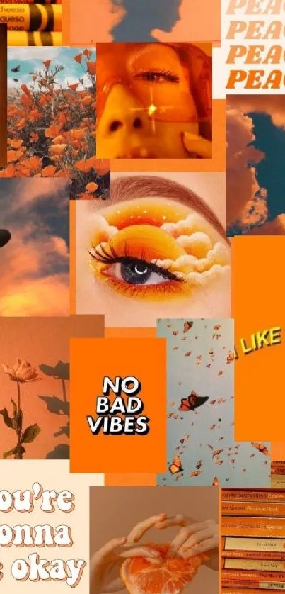 A vibrant orange-themed aesthetic collage mobile wallpaper.