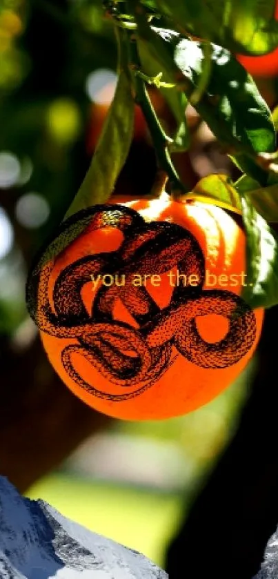 Vibrant orange fruit with artistic design, set against nature.