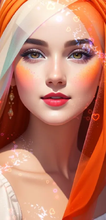 Vibrant portrait of a woman with orange tones and elegant design.