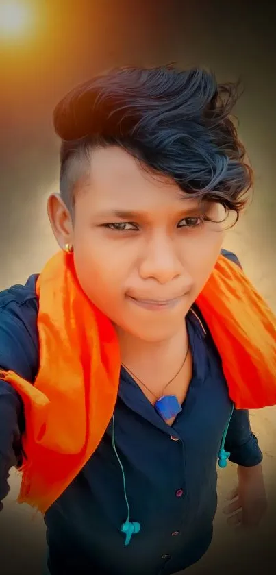 Young person with orange scarf in vibrant portrait.