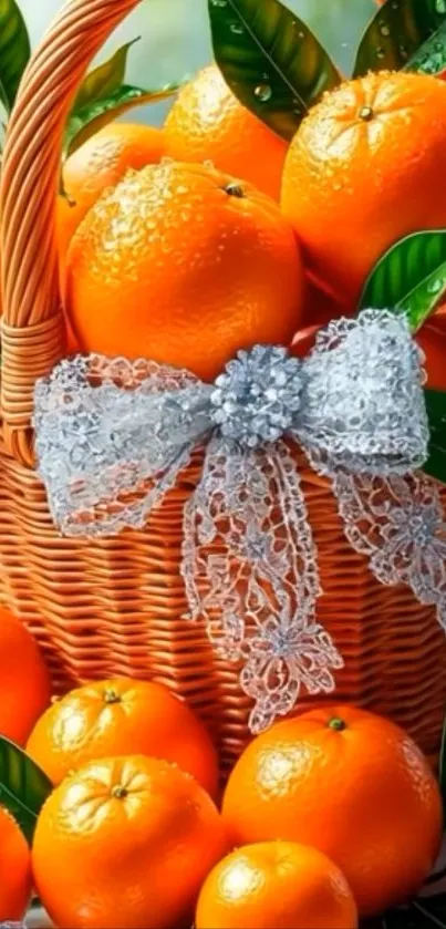 Basket of vibrant oranges with lace bow and green leaves.