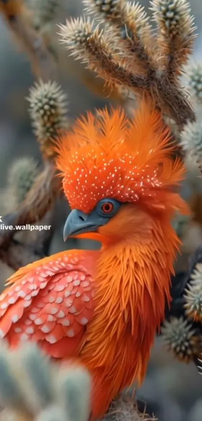 Vibrant orange bird with detailed feathers amidst textured branches.