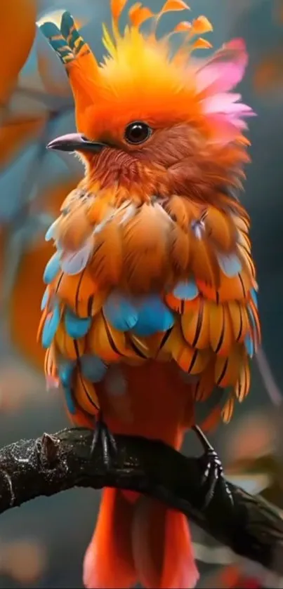 Vibrant orange bird with colorful feathers perched on a branch.