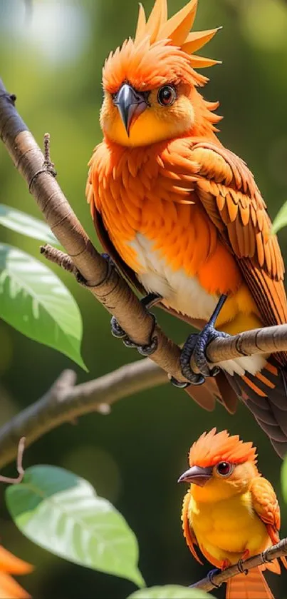 Orange birds perched on a leafy branch with vibrant colors.