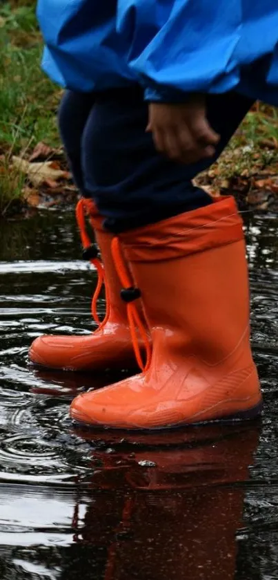 Child in orange boots splashing in puddle.