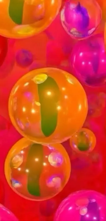 Vibrant orange bubble wallpaper with colorful spheres on a red background.