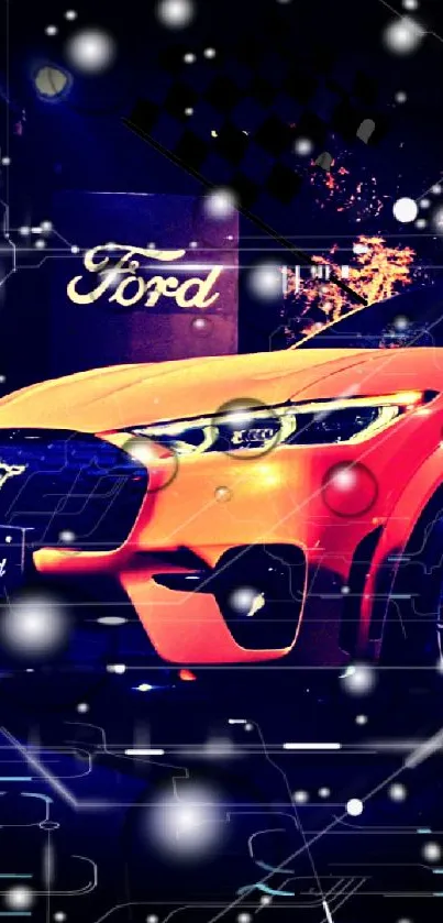 Orange Ford car illuminated at night, stylish and vibrant automotive display.