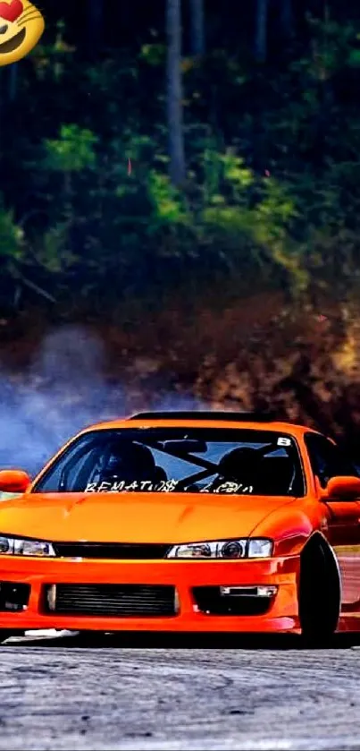 Orange car drifting on track with vibrant background.