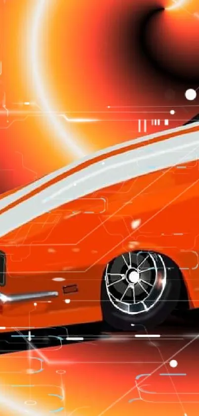 Vibrant orange car on a swirling black and orange background.