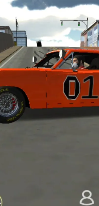 Vibrant orange car on a road, classic design wallpaper.